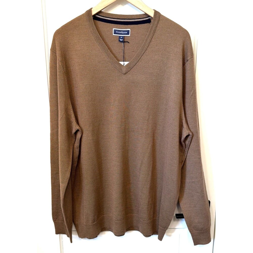 NWT Club Room Men's Solid V Neck Merino Wool Blend Fawn Sweater XL Preppy $75 - Picture 1 of 16